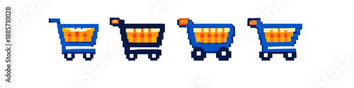 Retro pixel art shopping carts in blue and black with orange accents