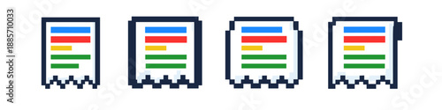 Pixel art icons of documents with colorful horizontal bars representing data or charts
