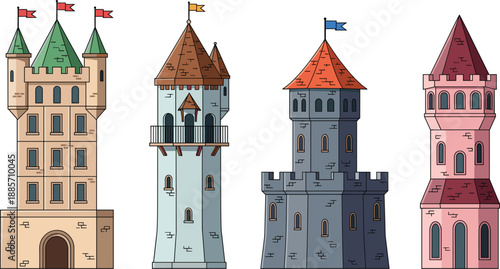 Medieval castle towers collection with flags fantasy architecture vector illustration set isolated