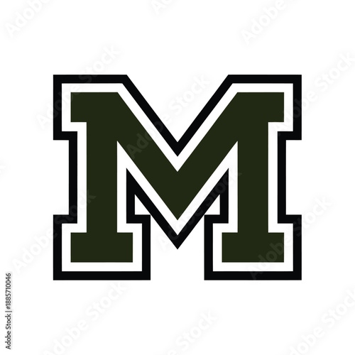 A bold dark green letter m with a black outline is displayed