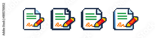 Pixel art icons of documents being signed with a pen, representing digital signatures and agreements