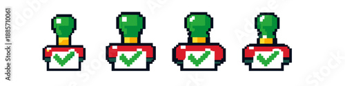 Pixel art stamps with green checkmarks, representing approval and confirmation