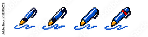 Pixel art blue ballpoint pens writing blue lines on a white background