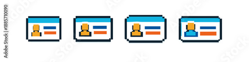 Pixel art identification cards with person icons and blue and orange stripes