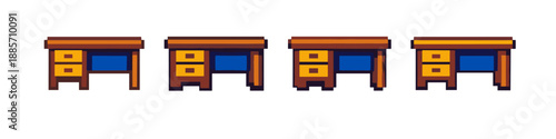 Pixel art wooden desk with drawers, retro computer furniture design
