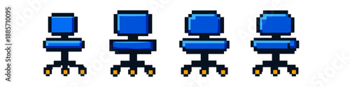 Collection of blue pixel art office chairs with wheels on a white background