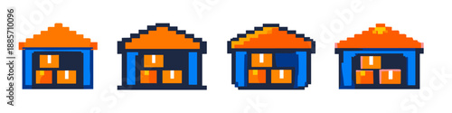 Pixel art warehouses with boxes inside, representing logistics and storage solutions
