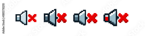 Pixel art mute speaker icons in a row, representing silence and no sound