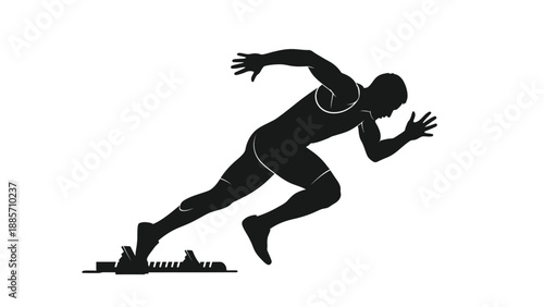 A black silhouette of a male sprinter in a dynamic running pose with runner on white background