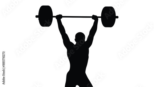 A silhouette of a man lifting a heavy barbell above his head in a powerful motion on white background