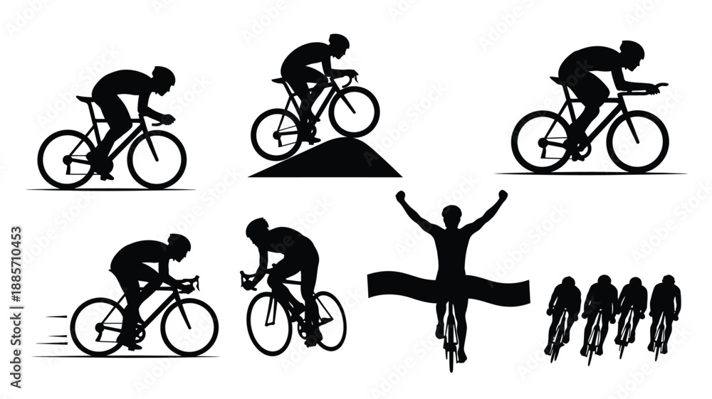 Obraz premium Cyclists in motion and a celebratory figure black silhouette