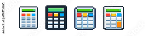Pixel art calculators in a row, retro digital device icons for calculation and finance