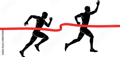 Running athlete silhouettes crossing finish line ribbon symbolizing competition victory success speed determination and sports achievement isolated on white background