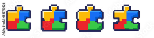 Pixel art puzzle pieces in red, yellow, blue, and green, representing connection and teamwork