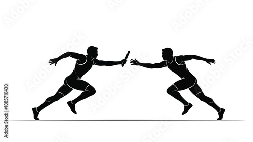Two athletes in black silhouette running and passing a baton with relay race on white background