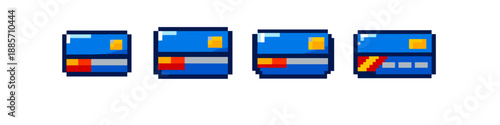Pixel art credit cards with different designs and colors for digital use