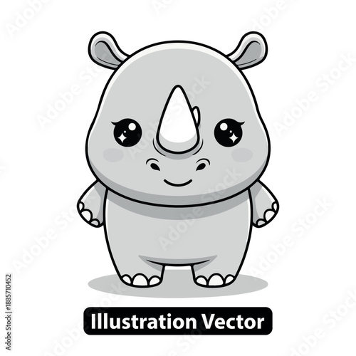 Adorable cartoon rhinoceros illustration standing on plain background viewed from front with simple facial expression