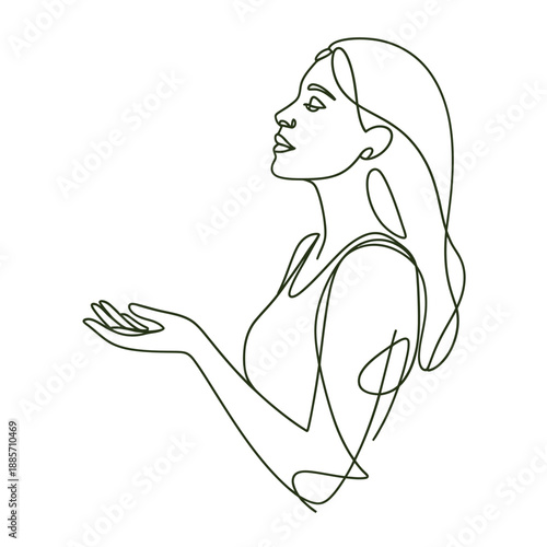Elegant woman s face and outstretched hand depicted in a minimalist line art