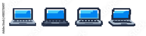 Collection of four pixel art laptops with blue screens on a white background
