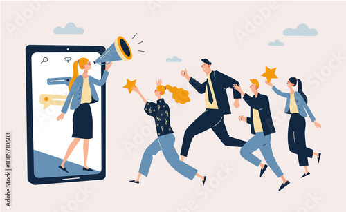 PrintA flat illustration of a woman speaking through a megaphone from a tablet screen, motivating and leading a group of people holding star symbols. Concept of digital influence, online market