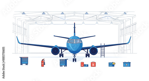 This detailed illustration displays a blue passenger airplane undergoing maintenance inside a vast hangar, surrounded by various essential tools and equipment.