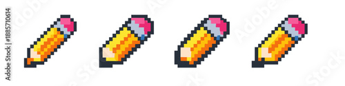 Pixel art pencils with erasers in a row, representing writing and drawing tools