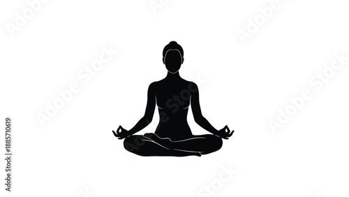 Black silhouette of a woman meditating in lotus position with meditation on white background