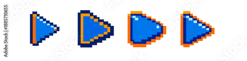 Collection of four pixel art play buttons in blue and orange with different designs