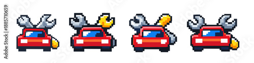 Pixel art car with wrenches and tools, representing auto repair and maintenance services