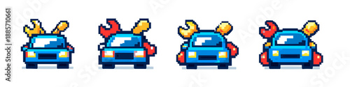 Pixel art blue car with wrenches and tools, representing auto repair and maintenance