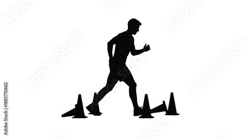 A man runs through a series of cones a with running and silhouette and fitness on white background