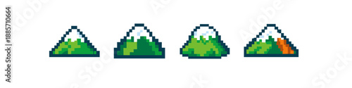 Pixel art mountains with snow caps and green slopes, simple retro game style