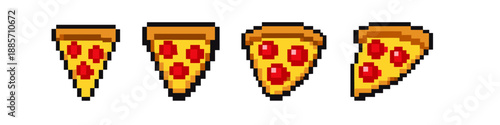 Pixel art slices of pepperoni pizza in a row, retro gaming style