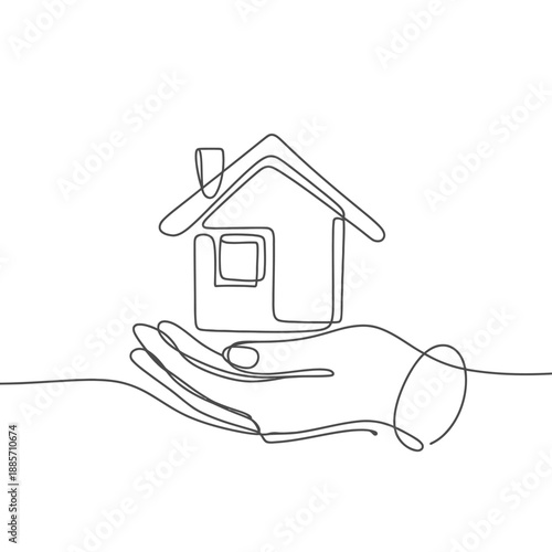 A single line drawing of a house held in a caring hand