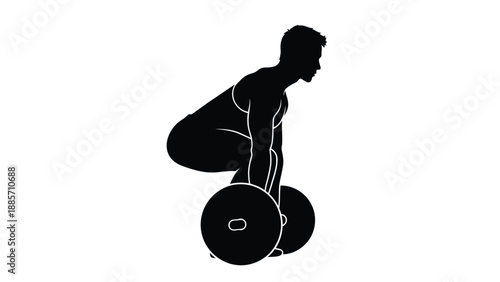 Man lifting weights in a gym with fitness and exercise and silhouette and illustration on white background