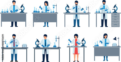Scientists and researchers working in laboratory illustration set showing men and women conducting experiments with microscopes glassware isolated on white background