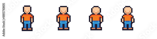 Four identical pixel art characters standing in a row against a white background
