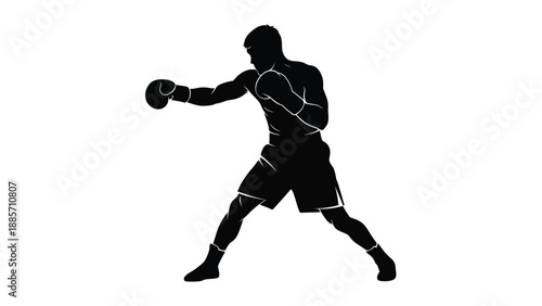 Silhouette of a male boxer in fighting stance with gloves with boxing and fighter on white background
