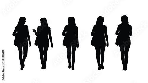 Five women walking in a row depicted as a striking silhouette
