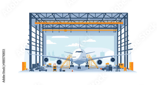 This expansive illustration features a large passenger airplane parked inside a modern hangar filled with equipment, set against a backdrop of a city skyline, highlighting aviation infrastructure.