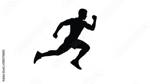 A black silhouette of a man running quickly with one arm bent with fitness on white background