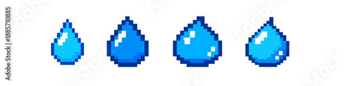 Collection of pixel art water drops in various sizes on a white background