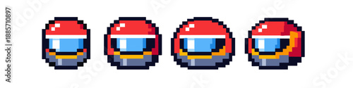 Pixel art racing helmets in red and blue with white visor stripe and yellow accents