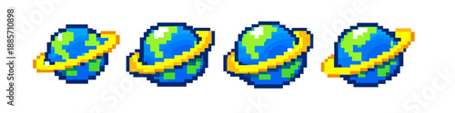 Four pixel art planets with yellow rings orbiting in a row