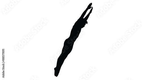 A black silhouette of a person jumping high in air with arms raised with fitness on white background