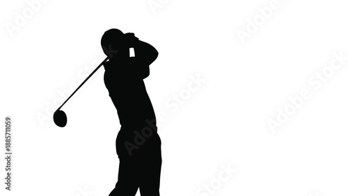 Silhouette of a golfer swinging a golf club with golf swing and sports on white background