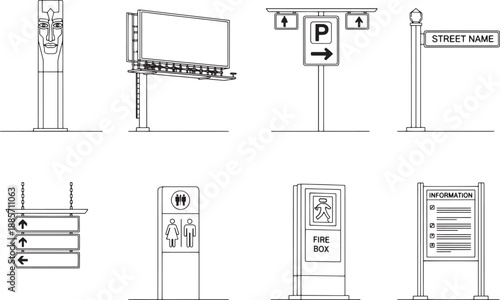 A collection of diverse informational and directional signage, each with a specific purpose. This array of symbols helps guide and inform individuals about their location.