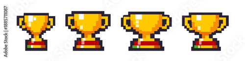 Pixel art golden trophy icons in different sizes for game achievements and rewards