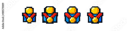 Retro pixel art characters with golden medals and blue robes on white background