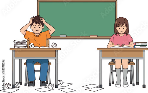 Stressed students studying in classroom illustration with boy frustrated and girl focused at desks, exam pressure education concept isolated background white school